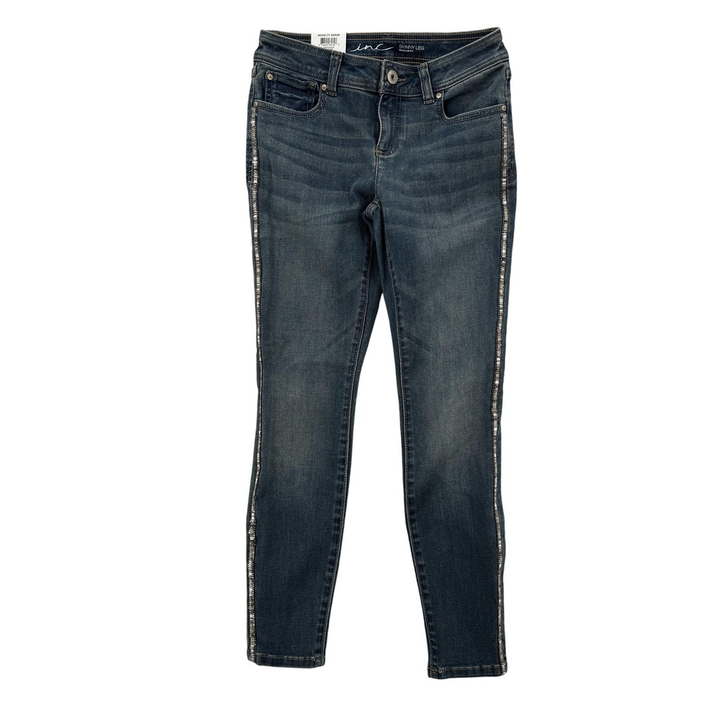 INC Jeans Womens 2 Petite Blue Skinny Leg Mid Rise Sequin Trim Stretch Denim NWT